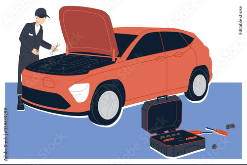 electric car repair service, mechanic repairing fixing motor. vector illustration logo icon of electric vehicle, tool box and mechanic fixing auto engine 