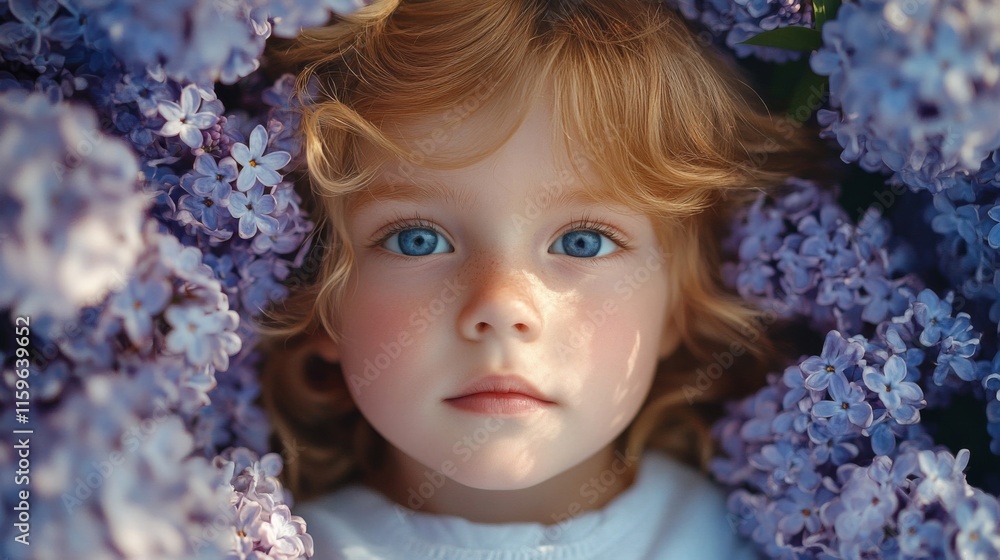 Child with Red Hair Surrounded by Lilac Flowers Child with Red Hair Surrounded by Lilac Flowers
