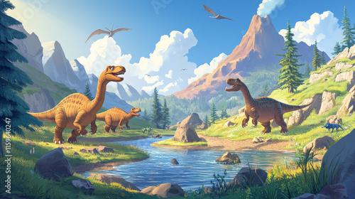 Fototapeta Naklejka Na Ścianę i Meble -  Cartoon dinosaurs drinking water from river on sunny day. Vector cartoon illustration of ancient Jurassic era animals on tropical landscape with volcano eruption. Prehistoric adventure game background