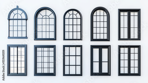 Real black modern windows set isolated on white background, various office frontstore frames collection for design, exterior building aluminium metal facade element photo