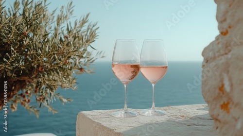 Fototapeta Naklejka Na Ścianę i Meble -  Cold rose Provencal wine in glass served in sunlights on outdoor terrace with view on old fisherman's harbour