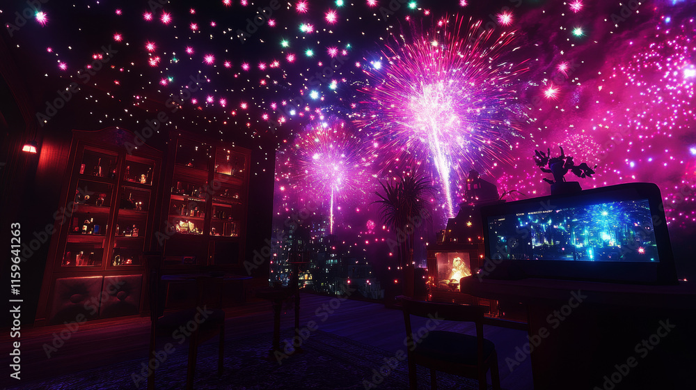 Virtual reality. Virtual reality consists of sparks and fire. Festive bright fireworks. Decorative element for celebrations and holidays. Vector illustration. Virtual reality. Virtual reality consists of sparks and fire. Festive bright fireworks. Decorative element for celebrations and holidays. Vector illustration.