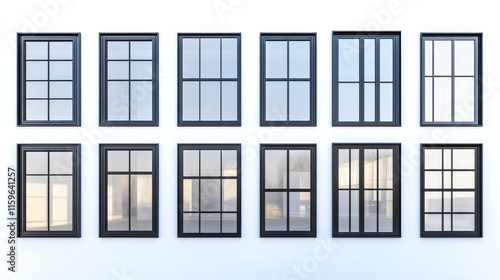 Real black modern windows set isolated on white background, various office frontstore frames collection for design, exterior building aluminium metal facade element photo