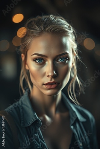Wallpaper Mural Portrait of Caucasian blonde woman with city lights background Torontodigital.ca