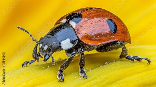 Ladybug On Yellow Flower Close Up Macro Shot photo