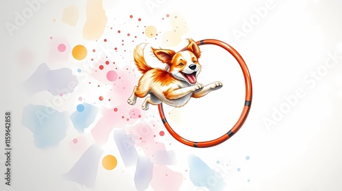 Energetic Dog Joyfully Leaping Through Orange Agility Ring Against Watercolor Background