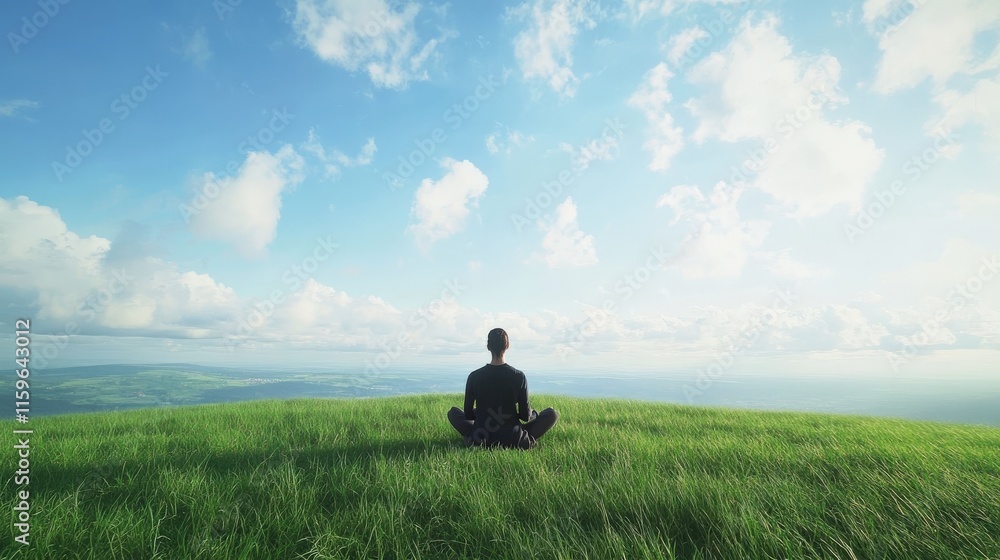 Person Meditating On A Lush Green Hilltop Under A Blue Sky Person Meditating On A Lush Green Hilltop Under A Blue Sky