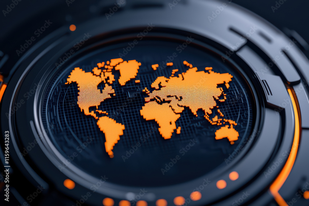 digital world map displayed in orange on futuristic interface digital world map displayed in orange on futuristic interface