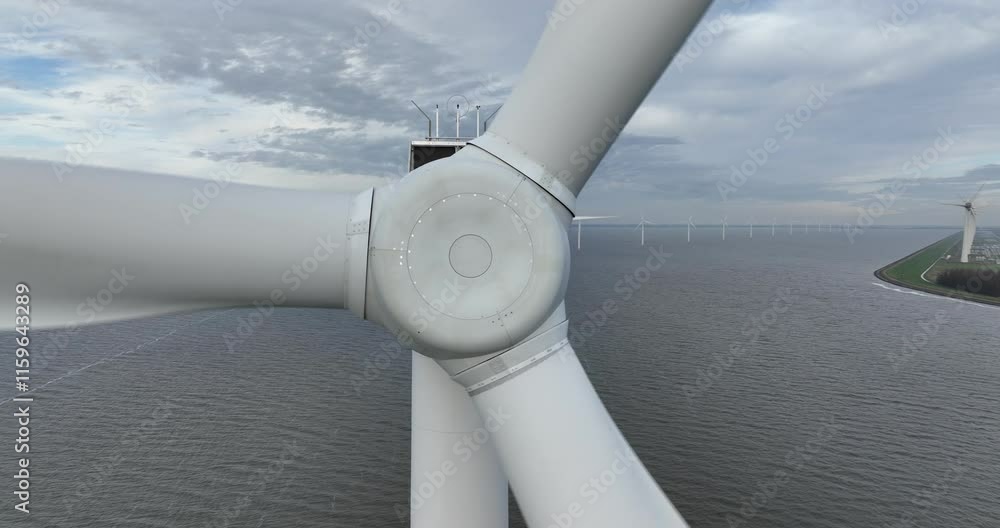 Drone shot of offshore wind turbines working with seascape and cloudy sky Drone shot of offshore wind turbines working with seascape and cloudy sky
