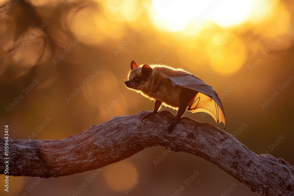 Sharp focus on brown bat and gnarled branch at sunset Sharp focus on brown bat and gnarled branch at sunset