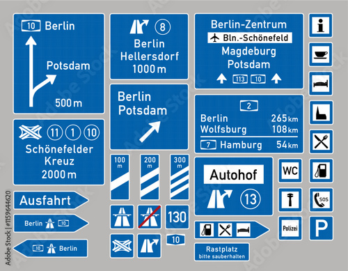 Deutsche Autobahnschilder, Wegweiser, Ankündigungstafeln als Vektoren-Set mit zusätzlich editierbaren Textflächen