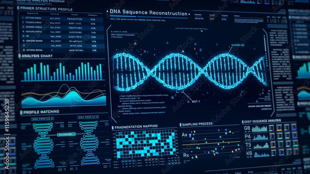 DNA Helix analysis visualization data, genome sequence ui screen, futuristic genetic engineering lab infographic interface, 3D biotechnology scan report dashboard, medical science technology backgound DNA Helix analysis visualization data, genome sequence ui screen, futuristic genetic engineering lab infographic interface, 3D biotechnology scan report dashboard, medical science technology backgound