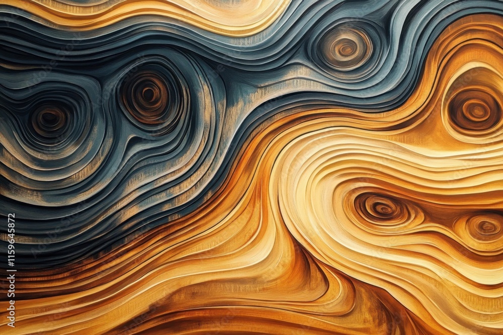 Abstract swirling wood grain painting in blue and gold Abstract swirling wood grain painting in blue and gold