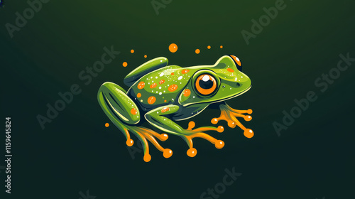 Vector logo frog. Green and orange frog in spots. Brand logo photo