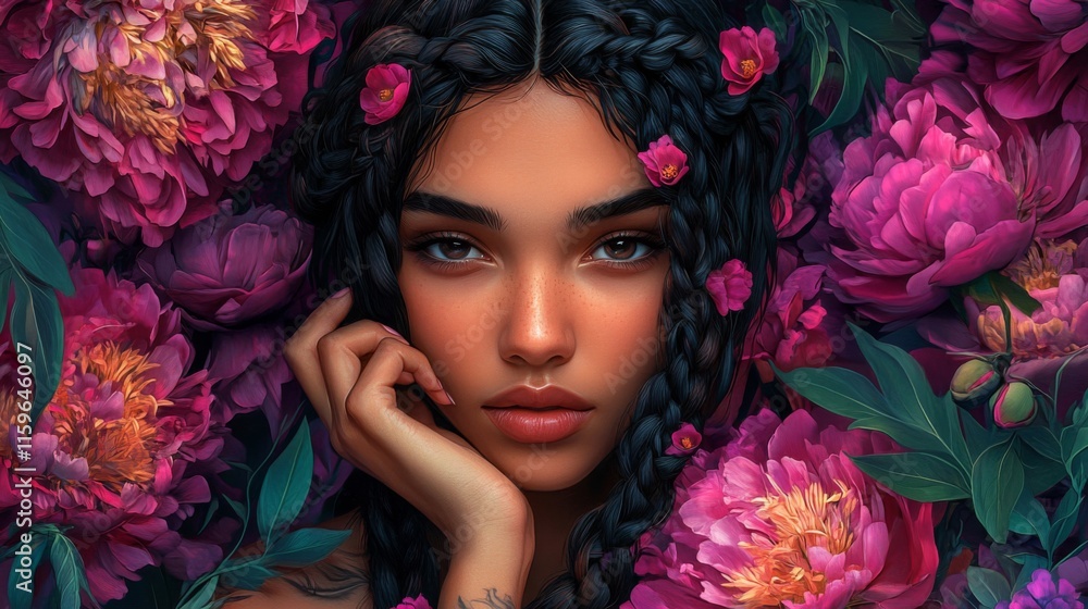 Woman with Braids Surrounded by Pink Peonies Woman with Braids Surrounded by Pink Peonies