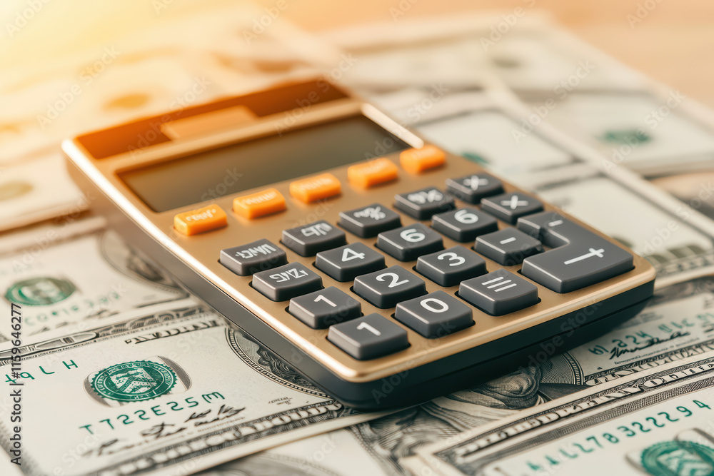 modern calculator resting on pile of cash, symbolizing finance and budgeting modern calculator resting on pile of cash, symbolizing finance and budgeting