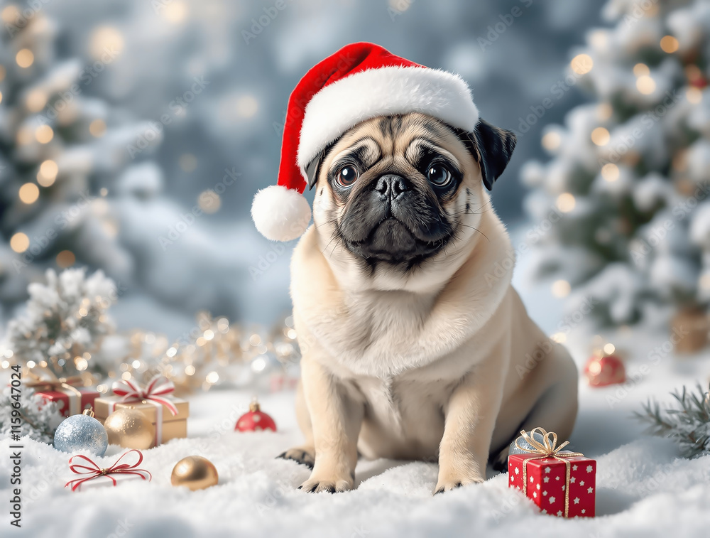 Adorable Pug Sitting in Snowy Winter Landscape Wearing a Festive Santa Hat Surrounded by Christmas Ornaments, Baubles, Tinsel, and Holiday Decorations with Snow-Covered Trees in the Background Adorable Pug Sitting in Snowy Winter Landscape Wearing a Festive Santa Hat Surrounded by Christmas Ornaments, Baubles, Tinsel, and Holiday Decorations with Snow-Covered Trees in the Background