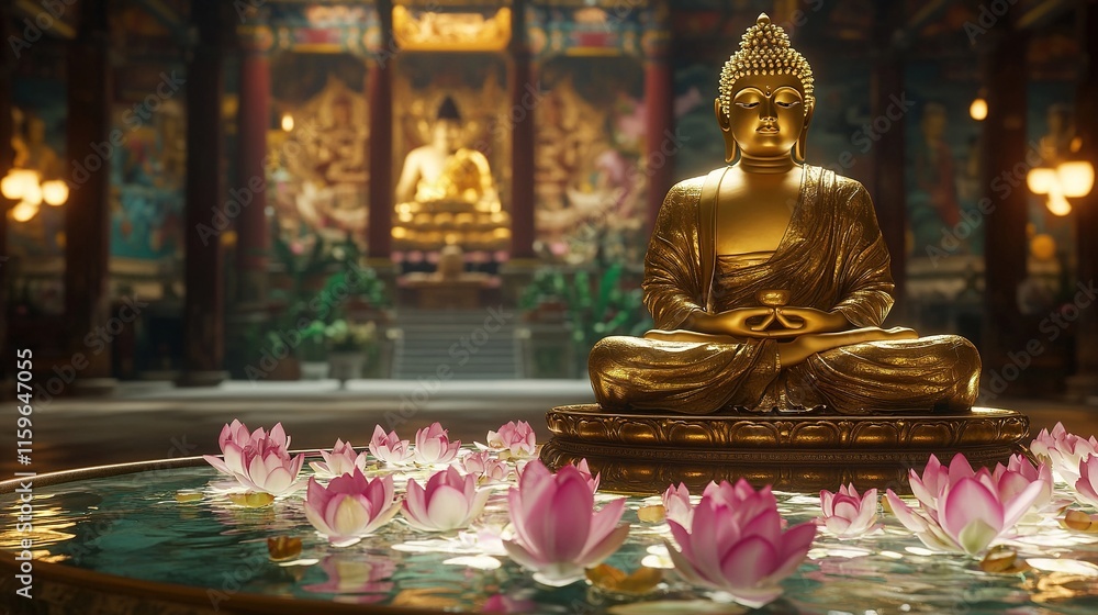 Golden Buddha statue in temple with lotus flowers. Golden Buddha statue in temple with lotus flowers.