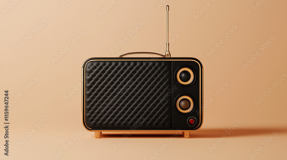 Obraz premium Retro luxury radio with quilted design and gold accents, featuring a soft warm beige background, studio-quality product image.