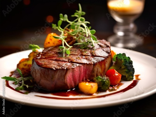 Gourmet steak presentation with vibrant grilled vegetables and aromatic herbs, creating a visually stunning plate suitable for culinary magazines and high-end restaurant promotions.