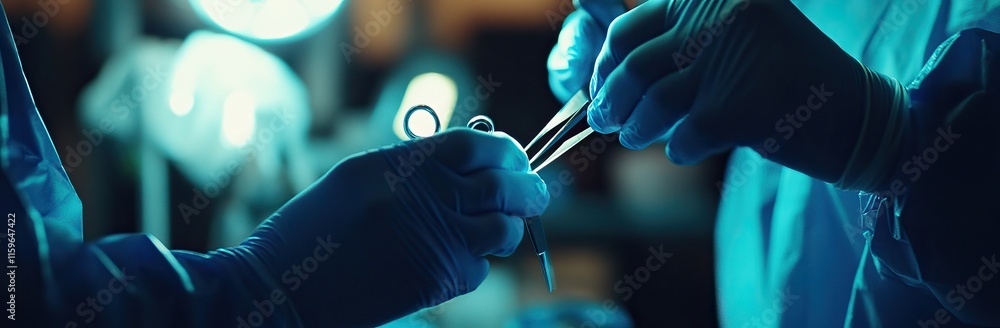 Gloved hands handling surgical tools and laboratory equipment in a sterile environment. Surgery AI generated image Gloved hands handling surgical tools and laboratory equipment in a sterile environment. Surgery AI generated image