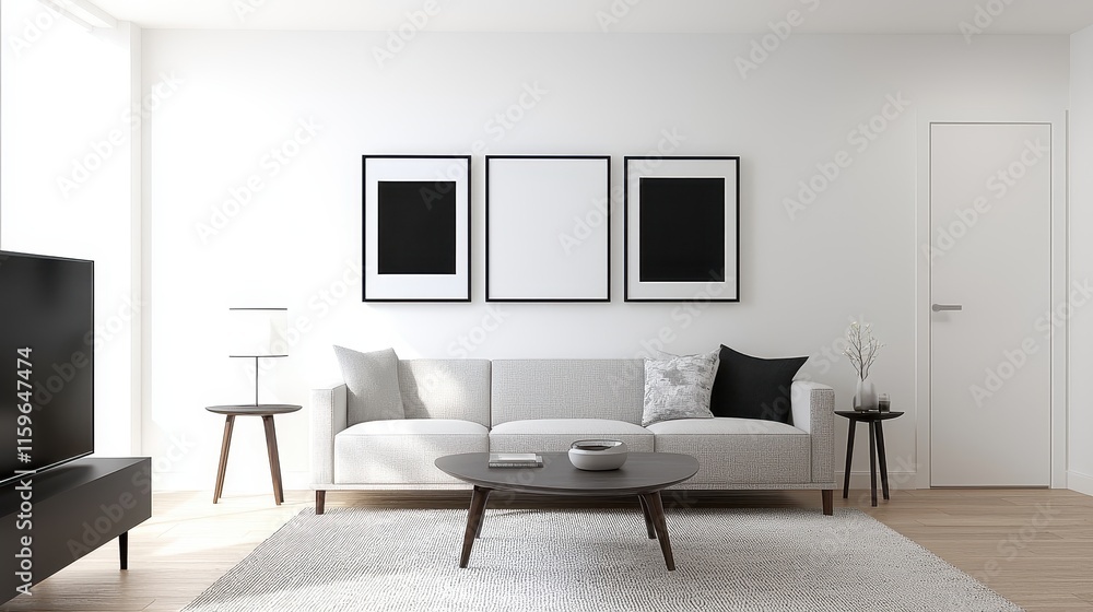 Modern Minimalist Living Room Interior Design with Neutral Tones Featuring Sofa, Coffee Table, and Wall Artwork in Bright, Natural Light Modern Minimalist Living Room Interior Design with Neutral Tones Featuring Sofa, Coffee Table, and Wall Artwork in Bright, Natural Light