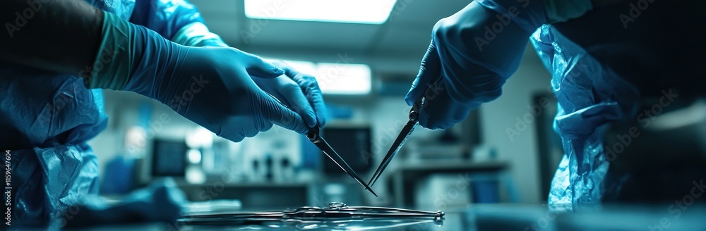 Fototapeta premium Gloved hands handling surgical tools and laboratory equipment in a sterile environment. Surgery AI generated image