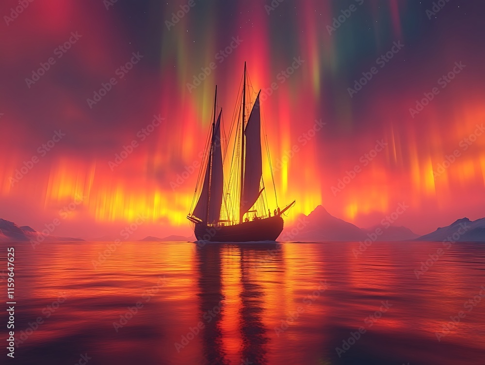 Fototapeta premium Sailing Vessel Underneath Vibrant Aurora Borealis