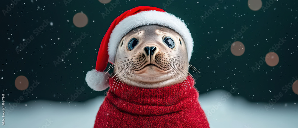 seal wearing red sweater and Santa hat, surrounded by snowflakes and festive lights, evokes joyful holiday spirit seal wearing red sweater and Santa hat, surrounded by snowflakes and festive lights, evokes joyful holiday spirit