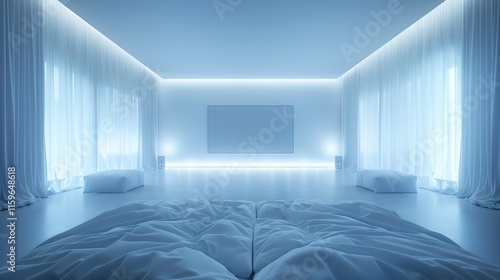 Minimalist bedroom design with a serene and spacious open room, featuring elegant white curtains and soft ambient lighting creating a tranquil atmosphere