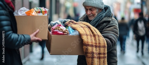 Homeless man receiving donation box with food and warm clothes in winter.