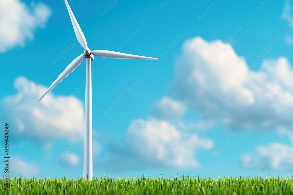 Fototapeta premium close up of wind turbine standing tall against bright blue sky, surrounded by lush green grass and fluffy clouds, symbolizes renewable energy
