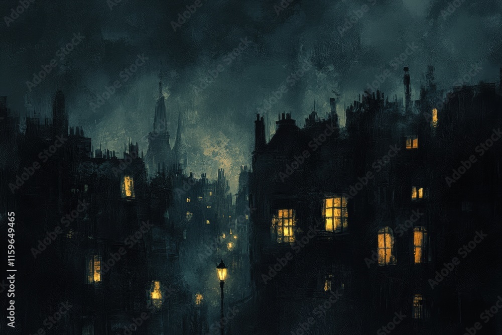 Mysterious night in dark cityscape with faintly illuminated windows and an atmosphere of intrigue. Generative AI Mysterious night in dark cityscape with faintly illuminated windows and an atmosphere of intrigue. Generative AI