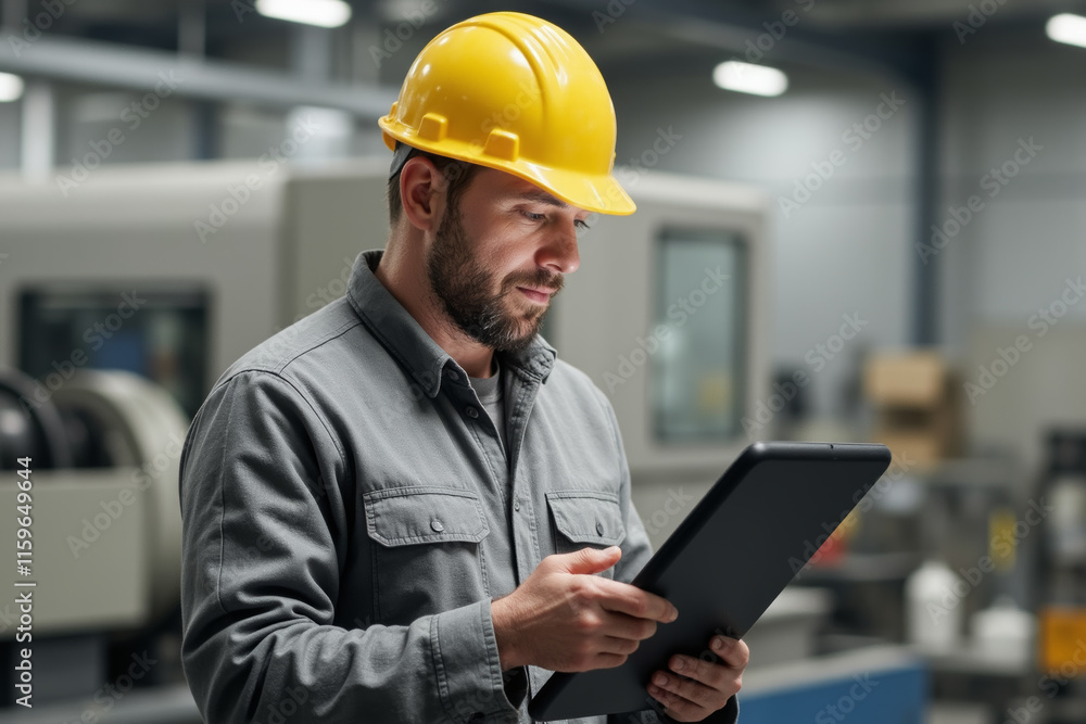 Waist up portrait of bearded man wearing hardhat and using digital tablet while supervising production in factory workshop, copy space Waist up portrait of bearded man wearing hardhat and using digital tablet while supervising production in factory workshop, copy space