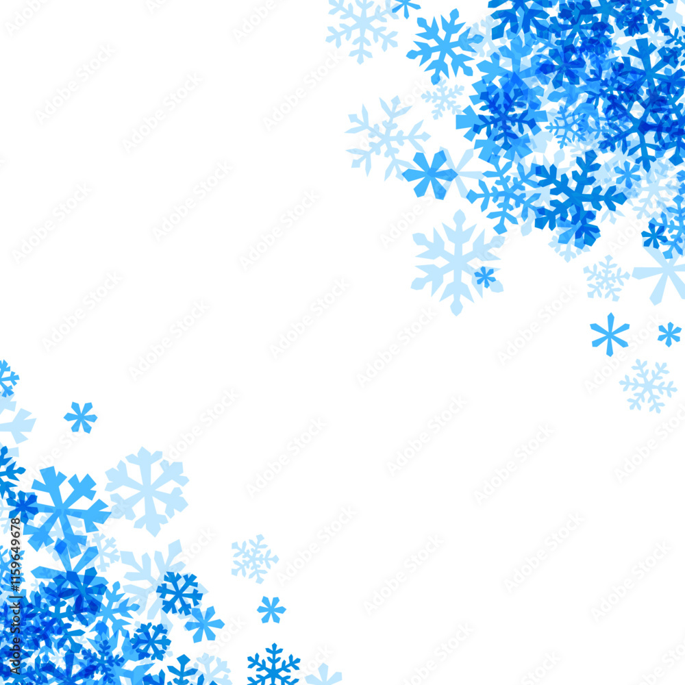 A corner arrangement of blue snowflakes on a white background. Ideal for seasonal and holiday-themed creative projects. A corner arrangement of blue snowflakes on a white background. Ideal for seasonal and holiday-themed creative projects.