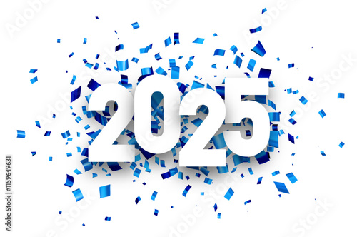 Festive 2025 New Year design with bold typography and a burst of blue confetti. Vector illustration for celebrations.