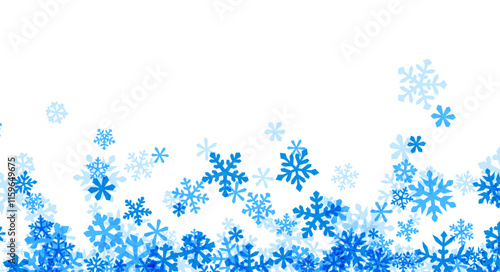A cascade of vibrant blue snowflakes set against a clean white background. Perfect for winter and holiday-themed designs.