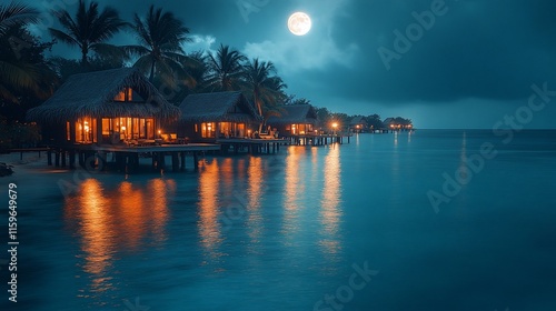 Illuminated Overwater Bungalows Under a Tropical Night Sky photo