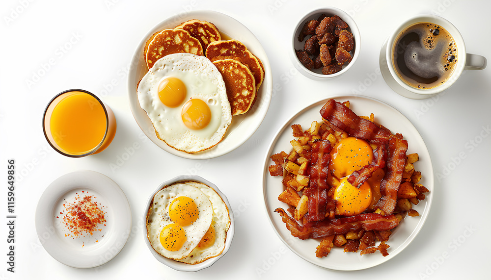 Full american breakfast on white, top view, copy space. Sunny side fried eggs, fried bacon, hash browns, pancakes, toast, orange juice and coffee for breakfast Full american breakfast on white, top view, copy space. Sunny side fried eggs, fried bacon, hash browns, pancakes, toast, orange juice and coffee for breakfast