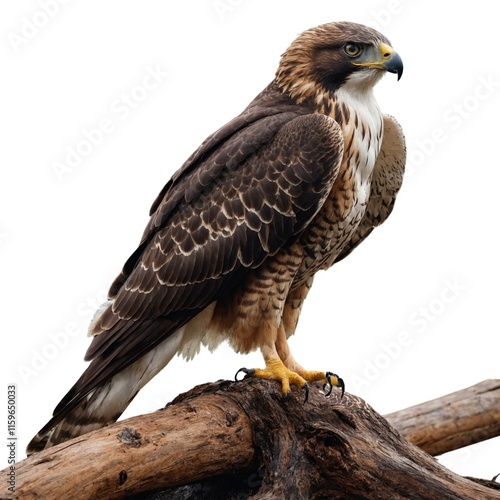 Zonetailed Hawk on piece of wood isolated on white background photo