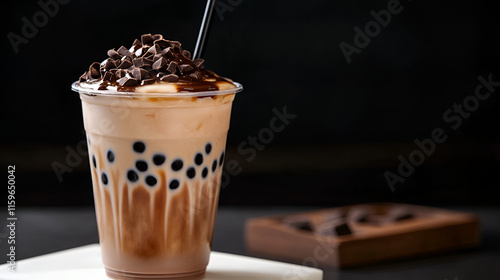 Delicious Chocolate Bubble Tea with Tapioca Pearls and Chocolate Chips