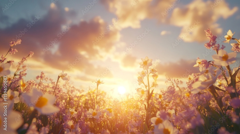 Daffodils Blooming in Sunset Meadow Daffodils Blooming in Sunset Meadow
