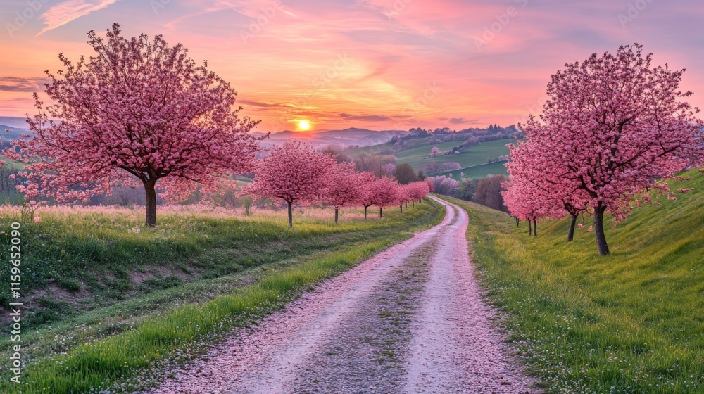 Pink Cherry Trees Line Country Road Sunset View Pink Cherry Trees Line Country Road Sunset View