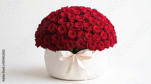 Fototapeta Naklejka Na Ścianę i Meble -  Large arrangement of red roses in a white vase with a cream-colored ribbon.