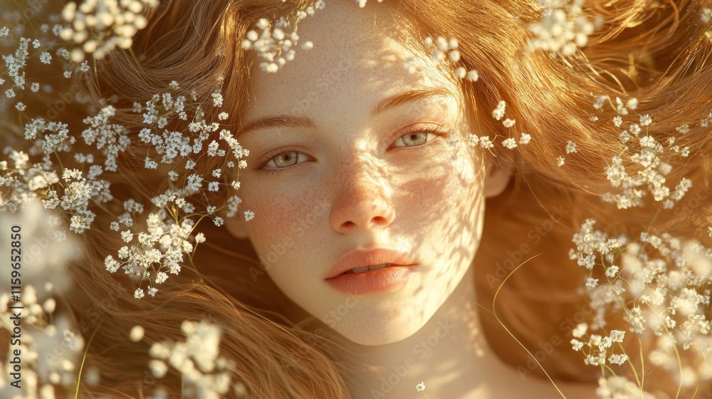 Red haired girl surrounded by delicate white flowers Red haired girl surrounded by delicate white flowers