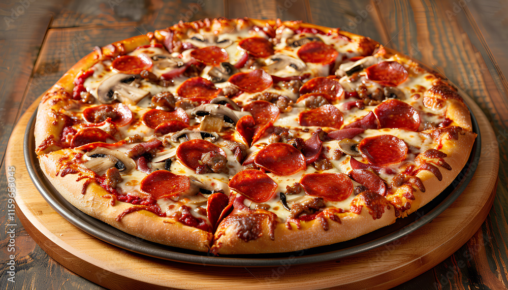 Supreme Pizza with pepperoni, mushrooms and mozzarella cheese just from oven, copy space. Fresh homemade pizza Supreme Pizza with pepperoni, mushrooms and mozzarella cheese just from oven, copy space. Fresh homemade pizza