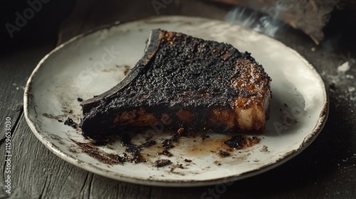 Burnt Steak on Rustic Plate Charred, Crispy, Overcooked, Smoky, Delicious