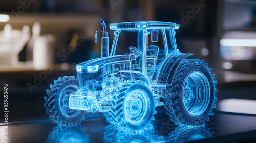 Tractor hologram. Holographic projection of the tractor. A flickering energy stream of particles. Scientific design minitractor. photo