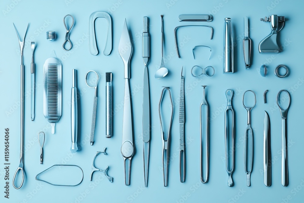 A variety of surgical instruments are organized on a blue background. AI generated image A variety of surgical instruments are organized on a blue background. AI generated image