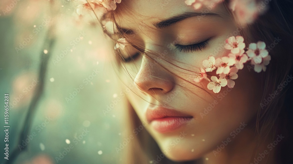 Woman adorned with delicate spring blossoms eyes closed Woman adorned with delicate spring blossoms eyes closed
